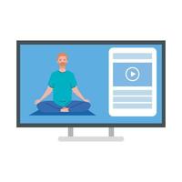 online, yoga concept, man practices yoga and meditation, watching a broadcast on a computer vector