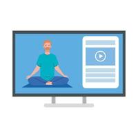 en línea, concepto de yoga, el hombre practica yoga y meditación, viendo una transmisión en una computadora vector