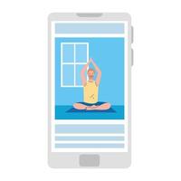 online, yoga concept, man practices yoga and meditation, watching a broadcast on a smartphone vector