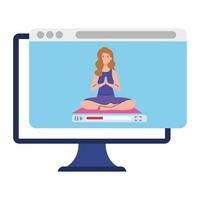 online, yoga concept, woman practices yoga and meditation, watching a broadcast on a computer vector