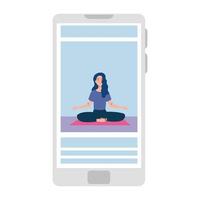online, yoga concept, woman practices yoga and meditation, watching a broadcast on a smartphone vector
