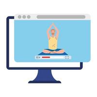 en línea, concepto de yoga, el hombre practica yoga y meditación, viendo una transmisión en una computadora vector