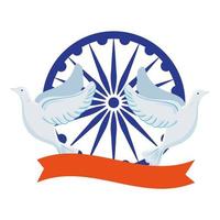 blue ashoka wheel indian symbol, ashoka chakra with doves flying and ribbon vector