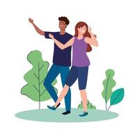 happy couple in landscape, healthy lifestyle, celebrating holiday vector