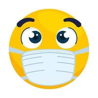 emoji with open eyes wearing medical mask, yellow face with open eyes wearing white surgical mask icon vector