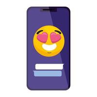 teléfono inteligente con emoji encantador, cara amarilla con corazones en los ojos en el teléfono inteligente vector