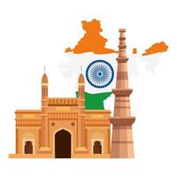 gateway with qutub minar and map india, famous monuments of india on white background vector