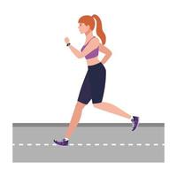 Mujer corriendo en la carretera, mujer en ropa deportiva haciendo footing, atleta femenina sobre fondo blanco. vector