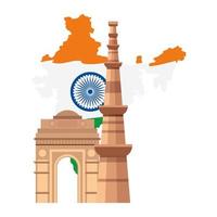 El famoso monumento de Qutub Minar con la puerta de la India y el símbolo indio de la rueda de Ashoka azul vector