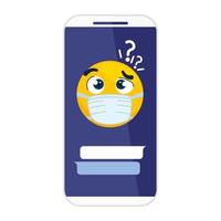 Smartphone con emoji pensativo vistiendo máscara médica sobre fondo blanco. vector