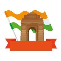 india gate, famous monument with flag of india and ribbon vector