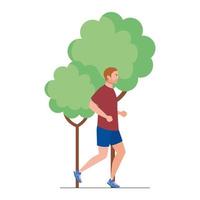 Hombre corriendo en la naturaleza, atleta masculino con planta de árbol sobre fondo blanco. vector