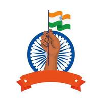 Mano con la bandera de la India y la rueda de Ashoka azul símbolo indio sobre fondo blanco. vector