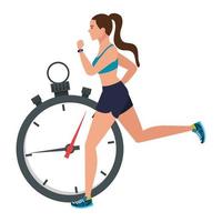 Mujer corriendo con cronómetro, atleta femenina con cronómetro sobre fondo blanco. vector