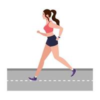 Mujer corriendo en la carretera, mujer en ropa deportiva haciendo footing, atleta femenina sobre fondo blanco. vector