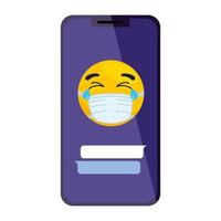 Smartphone, emoji con los ojos cerrados y lágrimas con máscara médica sobre fondo blanco. vector