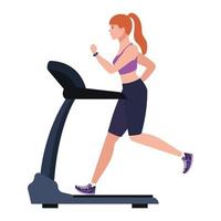 deporte, mujer corriendo en cinta, deportista en la máquina de entrenamiento eléctrico sobre fondo blanco vector