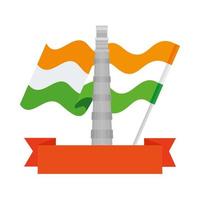 the qutub minar famous monument with flag india and ribbon vector