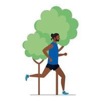 man afro running in the nature, male afro athlete with tree plant on white background vector