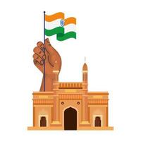 Gateway, famoso monumento y mano con bandera india vector