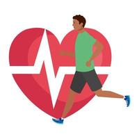 man afro running with heart pulse on background, male afro athlete with cardiology heart vector