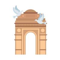 puerta de la india, famoso monumento de la india con palomas blancas volando vector