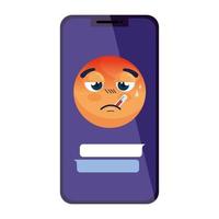 emoji with fever in smartphone, face red with fever disease on smartphone vector