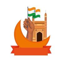 gateway, famous monument of india with moon and flag vector