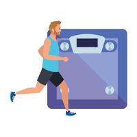 man running with weighing scale background, male athlete with weighing machine on white background vector