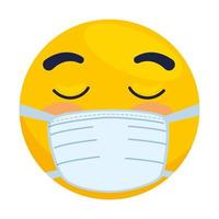 emoji with eyes closed wearing medical mask, yellow face with eyes closed using white surgical mask icon vector