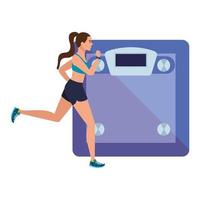 Mujer corriendo con fondo de balanza, atleta femenina con báscula sobre fondo blanco. vector