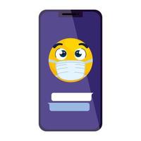Smartphone con emoji con máscara médica sobre fondo blanco. vector