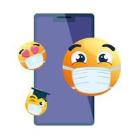 Smartphone con emojis con máscara médica sobre fondo blanco. vector