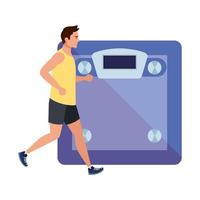 man running with weighing scale background, male athlete with weighing machine on white background vector