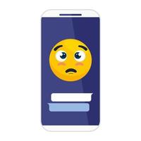 teléfono inteligente y emoji con ojos abiertos y cara de por favor, cara amarilla con cara de por favor en el teléfono inteligente vector