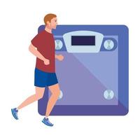 man running with weighing scale background, male athlete with weighing machine on white background vector