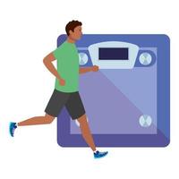 man afro running with weighing scale background, male afro athlete with weighing machine on white background vector