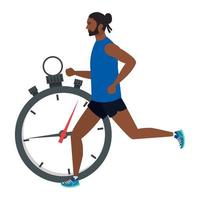 Hombre afro corriendo con cronómetro, hombre afro en ropa deportiva trotar, atleta afro masculino con cronómetro sobre fondo blanco. vector