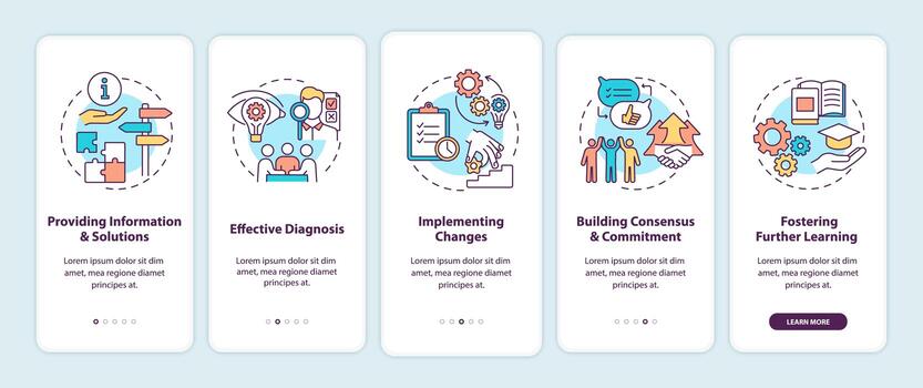 Business consulting stages onboarding mobile app page screen with concepts vector