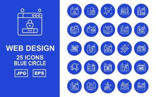 25 paquete de iconos de círculo azul de diseño y desarrollo web premium vector