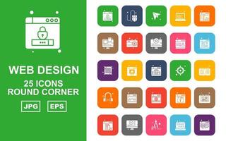 25 paquete de iconos de esquina redonda de diseño y desarrollo web premium vector