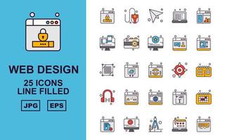 25 paquetes de iconos llenos de línea de desarrollo y diseño web premium vector