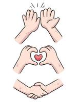 hands high five, heart and shake hands cute cartoon illustration vector