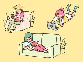 bored people home quarantine lazy sitting in sofa and using electronics stay at home vector