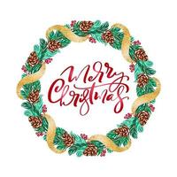 Realistic Christmas vector wreath with red berries on evergreen branches and text Merry Christmas. Isolated xmas illustration for greeting card