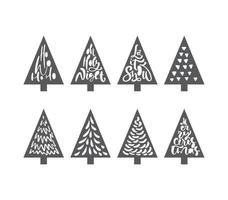 Christmas tree set laser cute. Paper cute doodle hand drawn holiday decor. Group of fir tree. Abstract doodle drawing woods. Vector art design illustration simple line
