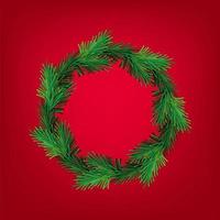 Vector new year and Christmas wreath mesh. Traditional winter evergreen green branches, isolated on red background. For greeting card. Happy xmas retro holiday design