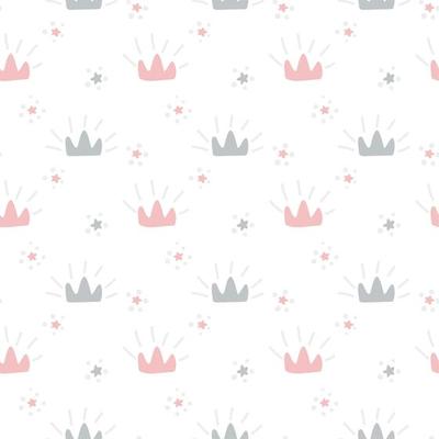Vector seamless retro pattern with pink and gray crowns. scandinavian style isolated on white background for kids. Hand drawn cartoon illustration for posters, prints, cards, fabric, children books