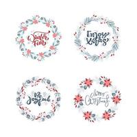 Vector set collection of hand drawn Christmas wreaths with xmas text. Fir branches, red berries, leaves and other elements. Round frame for winter design Christmas card, poster, banner