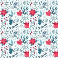 Vector Hand drawn Christmas seamless pattern with cute cups, flowers and branch elements. Illustration for winter holidays